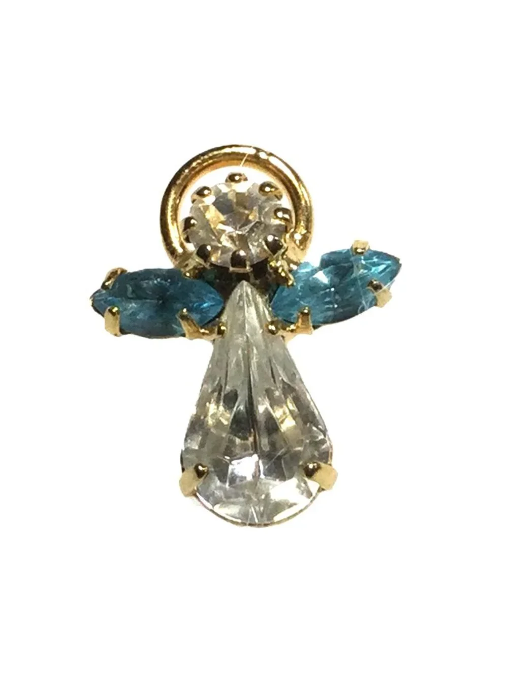 Vintage 1960s Birthstone Guardian Angel Lapel Pin‎ Gold Tone Rhinestone